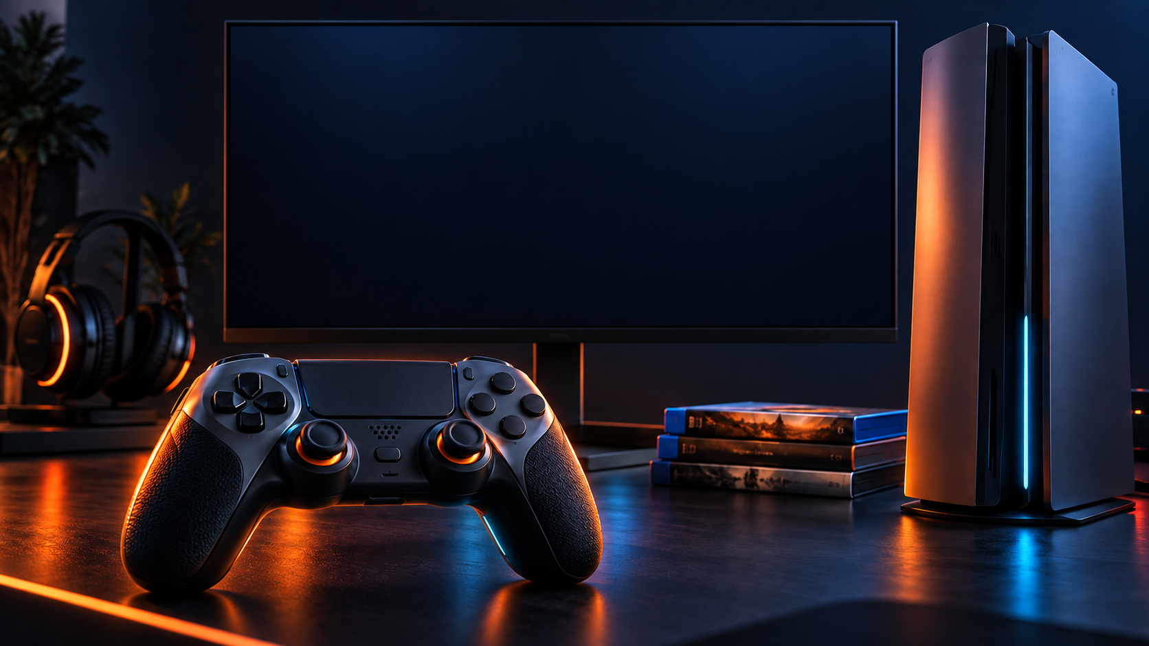 Setup gamer com monitor, controle em primeiro plano, console e jogos físicos